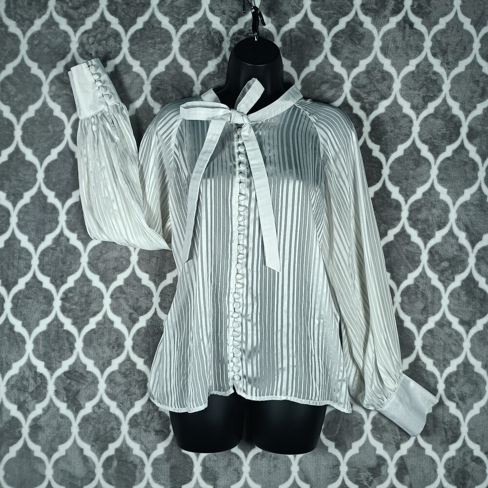 Dear Jose sheer stripe satin blouse small puff sleeve bow tie vintage style